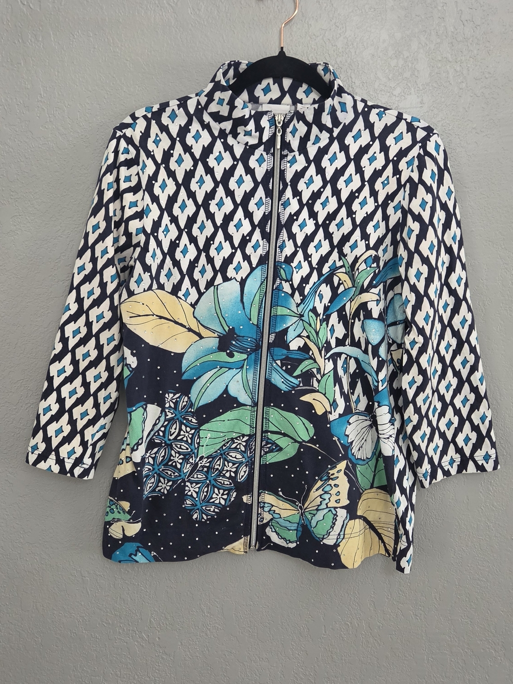 Chico's 100% Cotton Black Floral & Teal Zip-Up Jacket